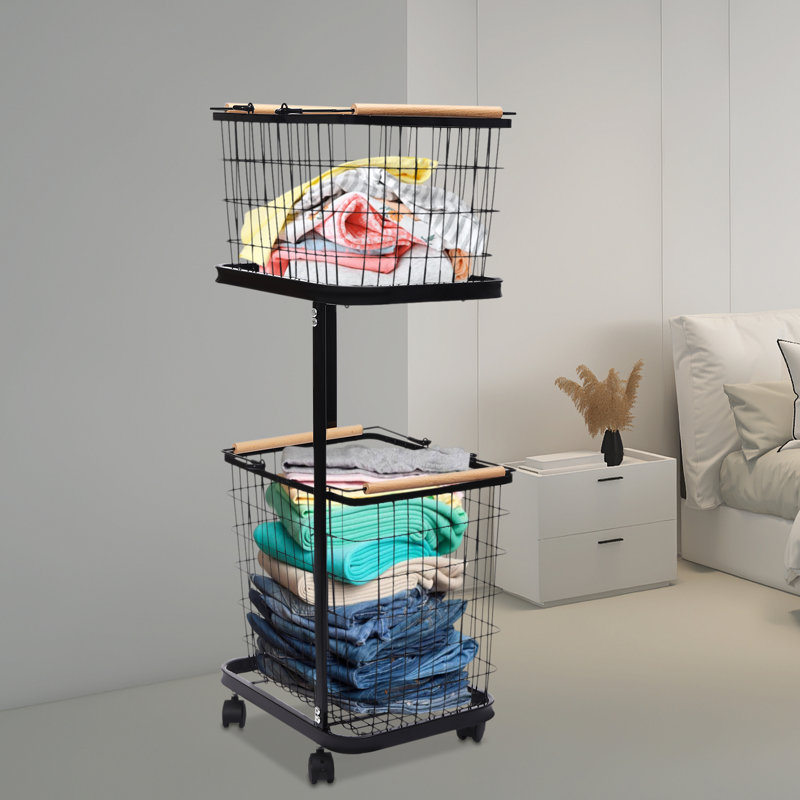 2-Tier Laundry Basket Metal Laundry Hamper With Wheels, Black