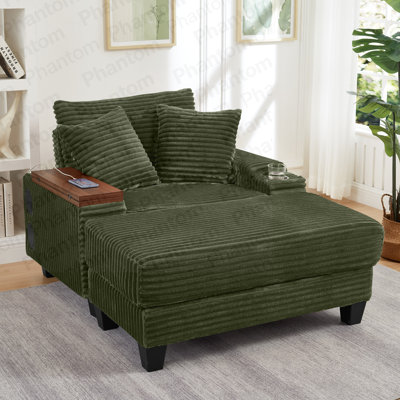 Canapé avec accoudoirs de rangement en velours côtelé Fluffy, siège polyvalent simple avec repose-pieds, porte-gobelet, haut-parleur Bluetooth, ports USB, tableau pivotant à 180 °, pour le salon, la chambre à coucher et l’appartement
