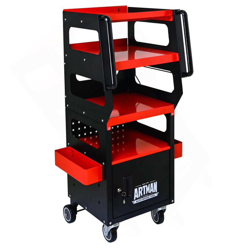Chariot de diagnostic multifonctionnel à 4 niveaux avec chariot pivotant et verrouillable à 360 ° - noir et rouge