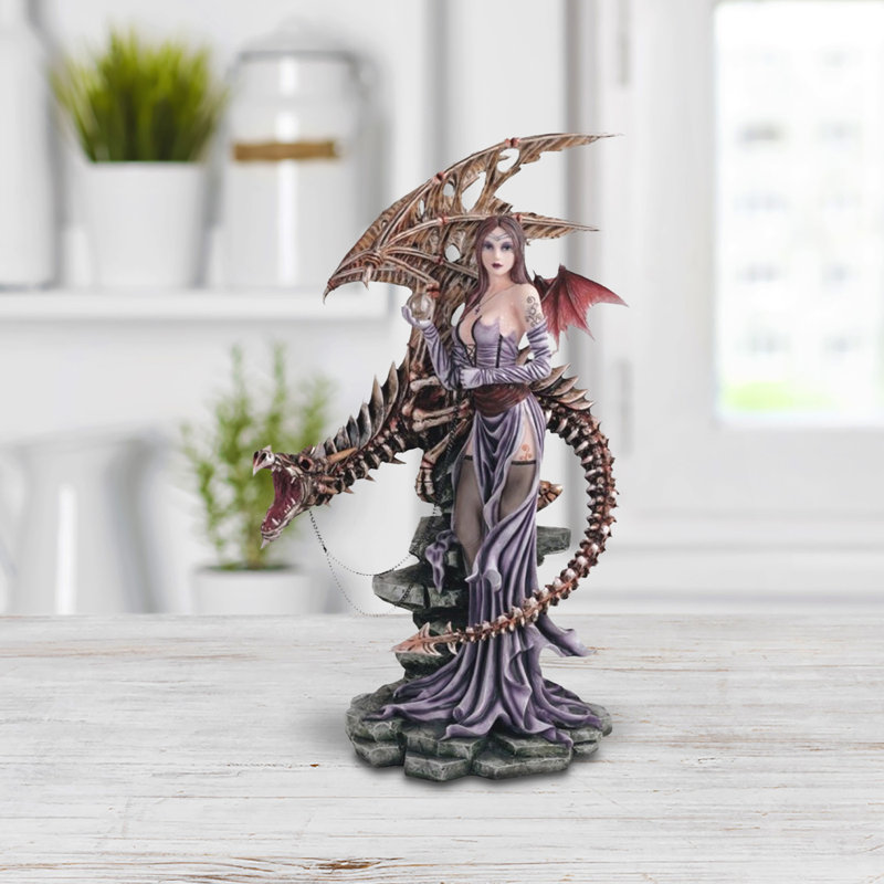 26"H Gothic Fairy with Skeleton Ghost Dragon Figurine Large Sculpture