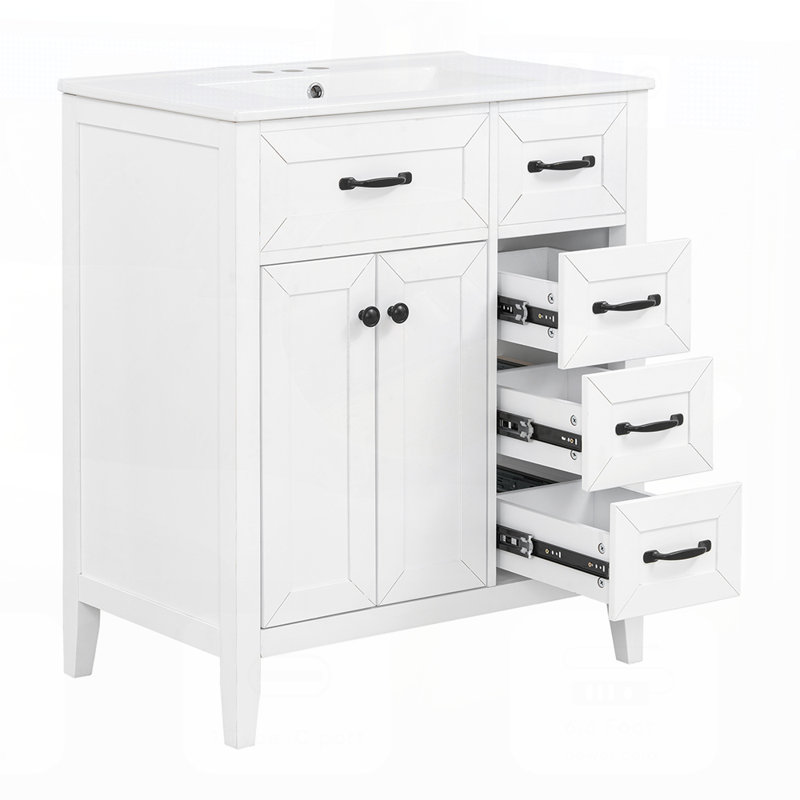 30 Inch Bathroom Vanity with Ceramic Sink, Freestanding Design, Metal Handles, Solid Wood Legs, Soft-Close Doors Drawers, Ample Storage