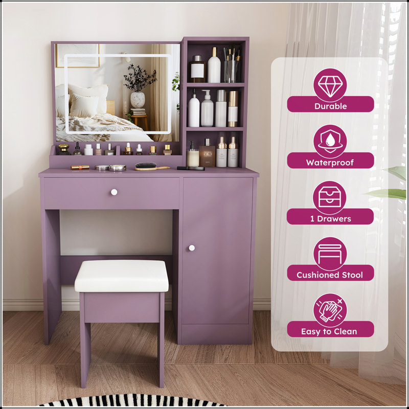 Ensemble de coiffeuse élégant avec tabouret rembourré et miroir lumineux à DEL réglable (3 modes de couleur)