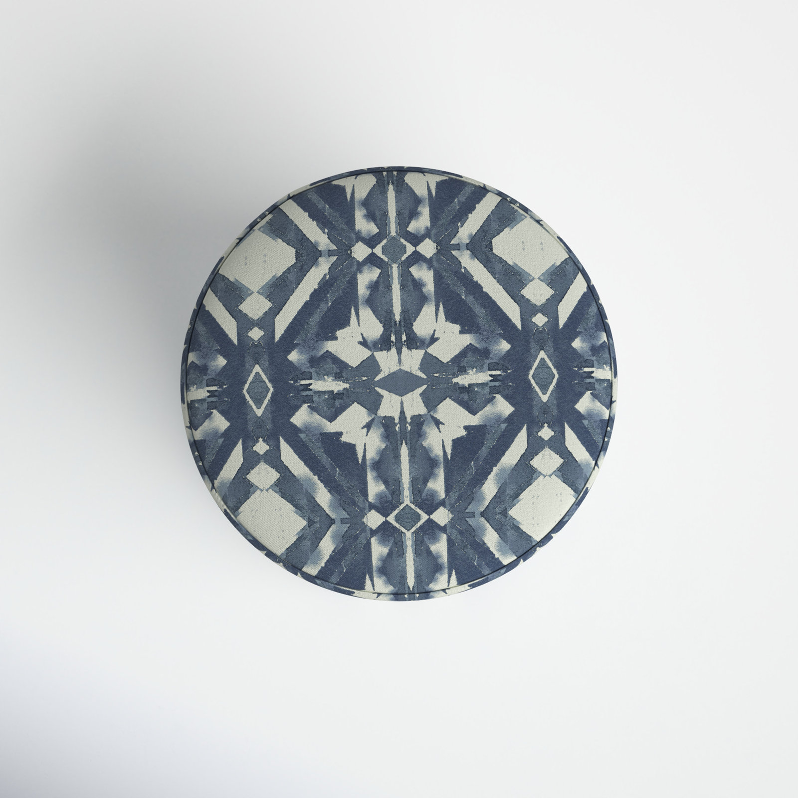 Epaulette Upholstered Ottoman, Asha Blue Ikat