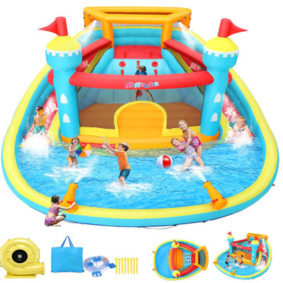 14.1' X 13.8' Inflatable Water Slides With Pool,climbing Wall,dual Splash Slides For Backyard Water Park Birthday Party