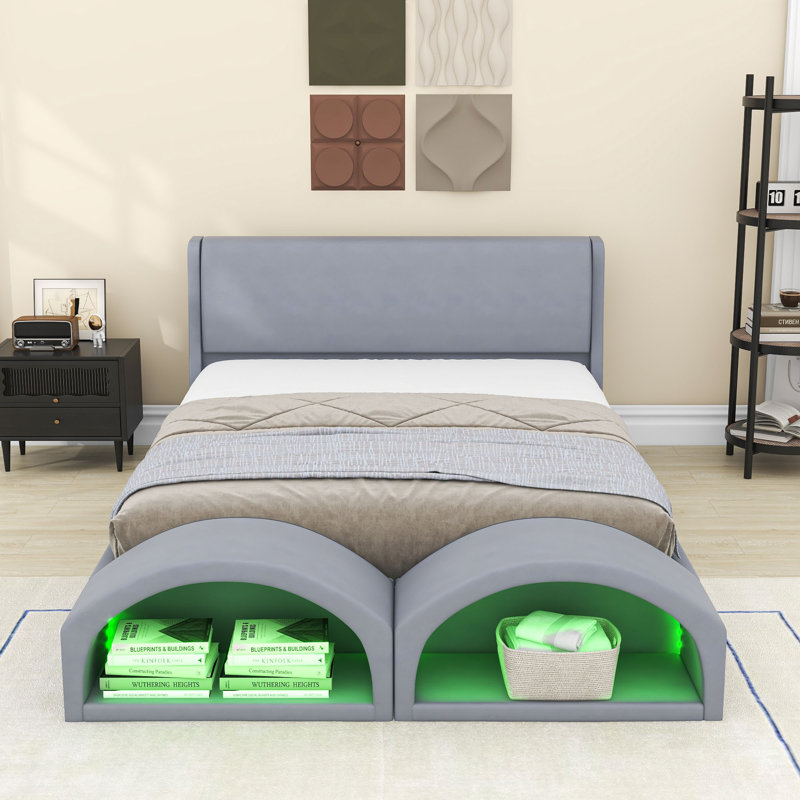 Queen Upholstered Platform Bed with LED Light and Dual Cat Caves, Grey