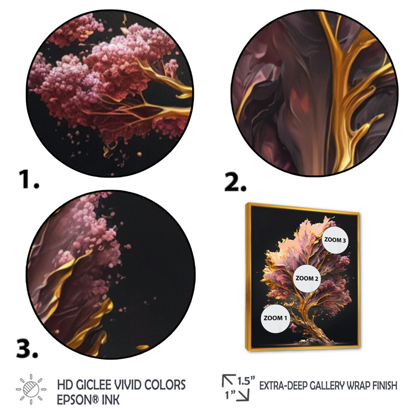 «Evonne Abstract Rose and Gold Leaves II», reproduction sur toile, H 32 po x l 16 po x P 1 po, Toile avec cadre flottant or