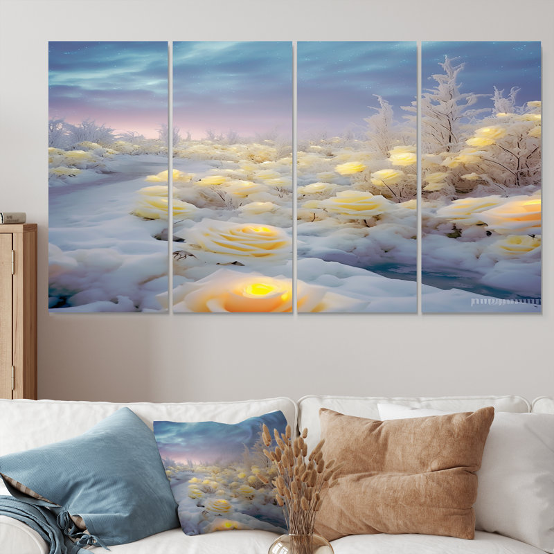 «Yellow Roses Magic Winter Field - Roses», art mural 4 pièces, H 28 po x l 48 po
