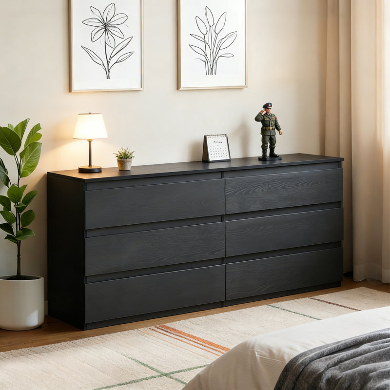 Modern Black Dresser With 6 Drawers, Spacious Countertop & Concealed Handles, Black