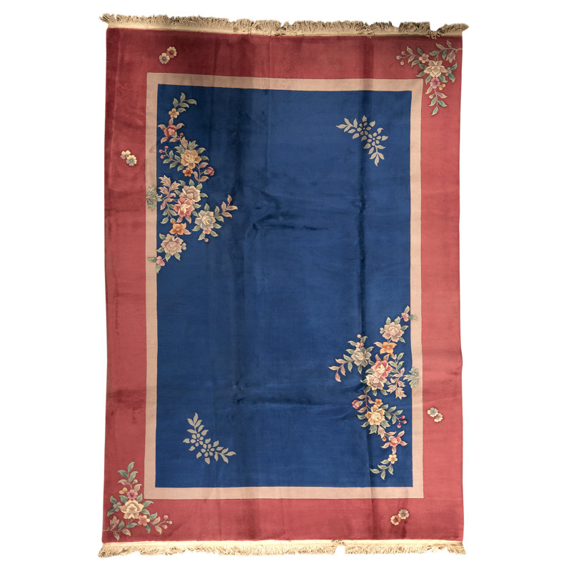 Tapis bleu et rose noué à la main de haute qualité