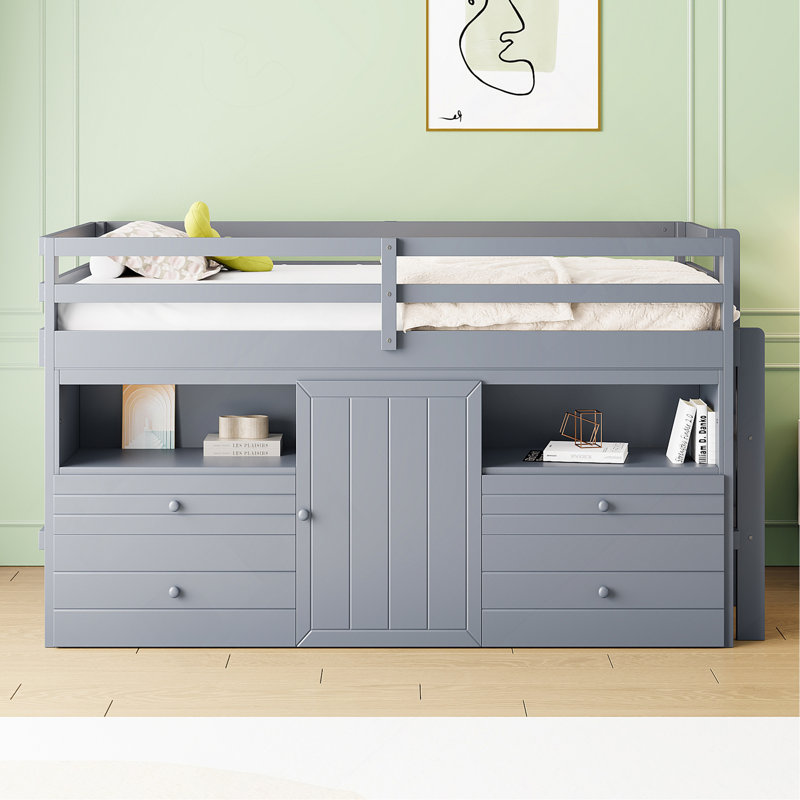 Lit mezzanine simple avec 4 tiroirs, sous l'armoire et les tablettes, gris