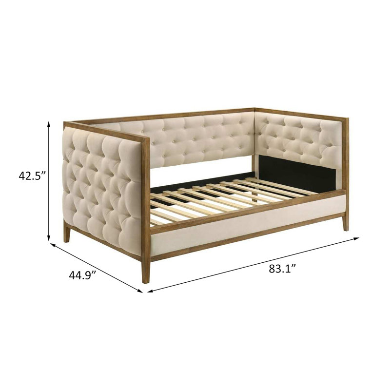 Lit de jour rembourré en tissu avec capitonnage beige et chêne naturel