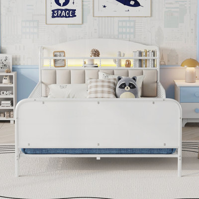 Structure de lit plateforme en métal avec lumière, lit en métal avec tête de lit tapissier et rangement