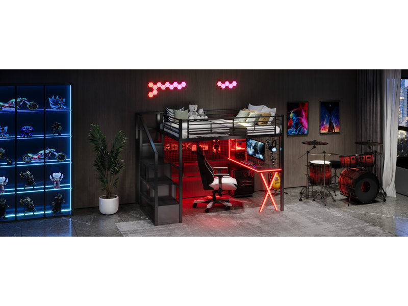 Lit mezzanine double en métal avec poste de travail intégré, garde-robe, escalier de rangement et DEL, noir, Noir