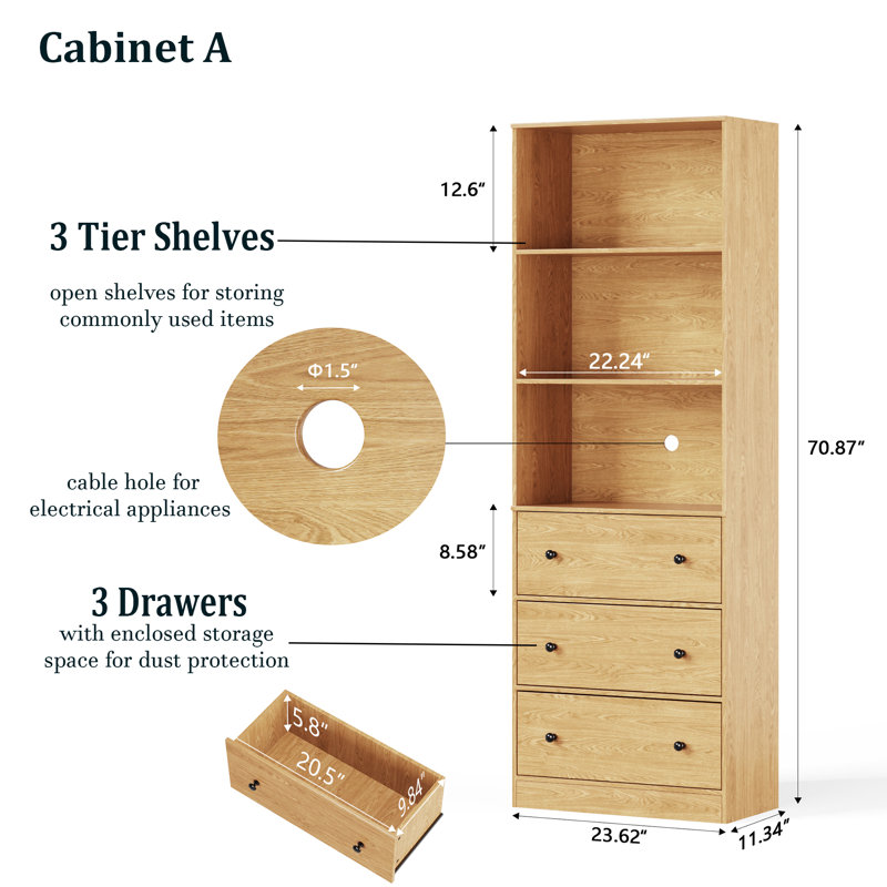 Bibliothèque standard H 70,9 po x l 23,6 po avec 2 tablettes ouvertes et 3 tiroirs, Bois