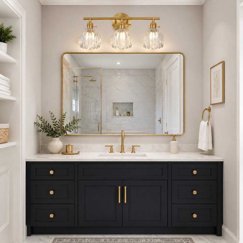 Luminaire de salle de bain à 3 lumières à intensité variable avec abat-jour en forme de tulipe, Laiton brossé, Trois lumières
