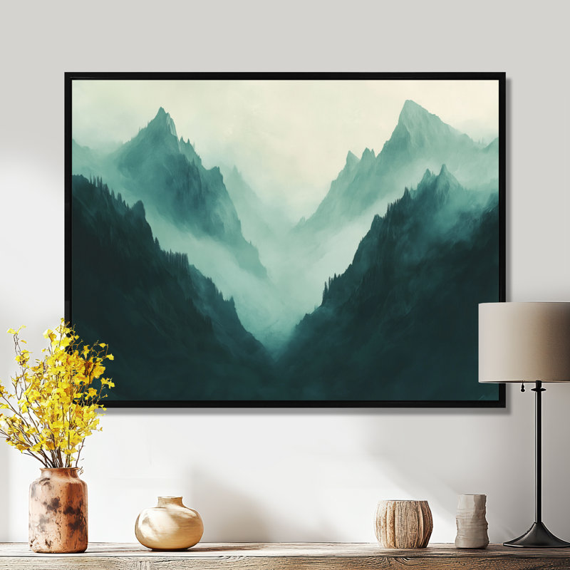 Décoration murale en toile Teal Mist Mountain Peaks I - Paysage vert, H 16 po x l 32 po, Cadre flottant noir