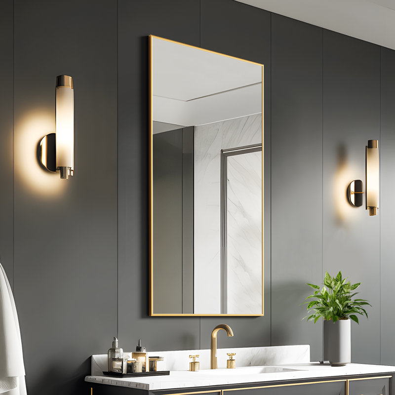 Kayelle 36"x24" Rectangle Black Aluminum Alloy Thin Framed Wall-Mounted Vanity Mirror (Set of 2), Gold, 47" x 22"