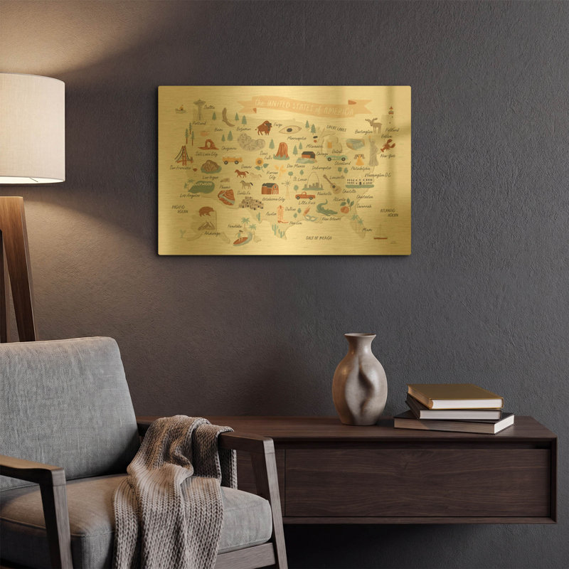 Tableau mural en métal doré « Le Tour du monde 2 » de Laura Marshall, 61 x 41 cm, 24"x16"