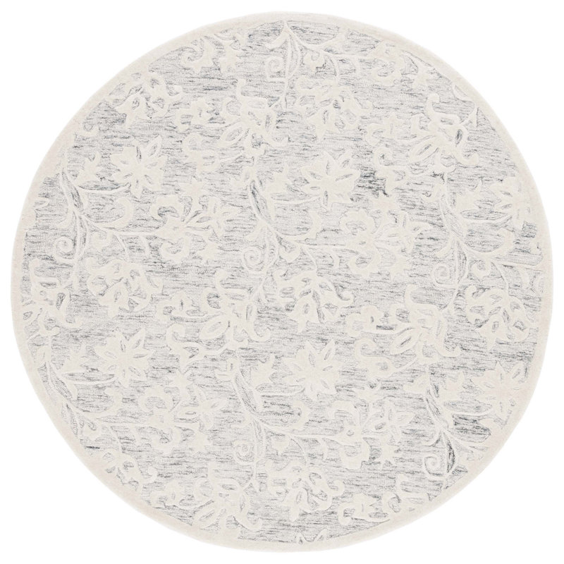 Abdouallah Floral Handmade Tufted Wool Area Rug in Grey / Ivory, Round 6'