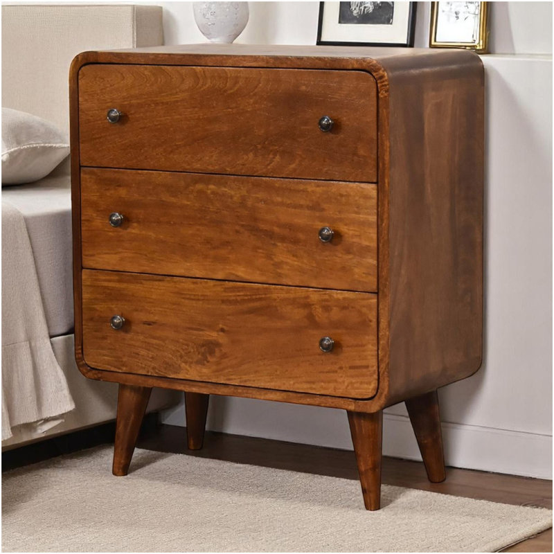 Petite commode courbée en bois massif, 3 tiroirs, pieds