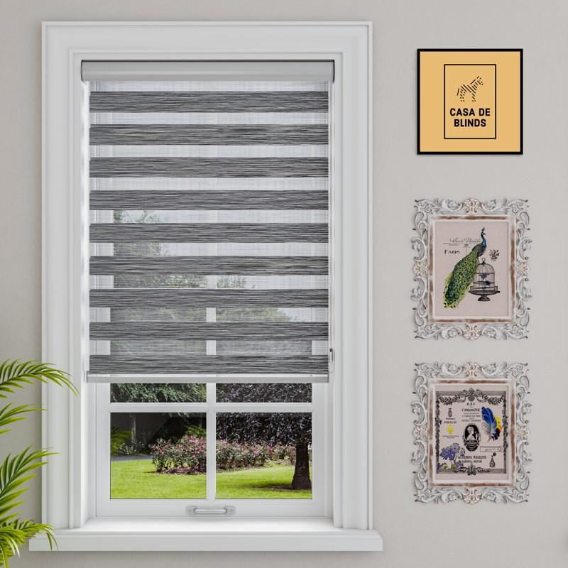 Zebra Blinds Window Dual Layer Roller Shades, Corded Horizontal Blind, Bedroom, Privacy, 72" Length, Gray, 34"W x 72"L
