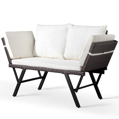 Convertible Outdoor Wicker Sofa With White Cushions And Pillows by Ebern Designs
