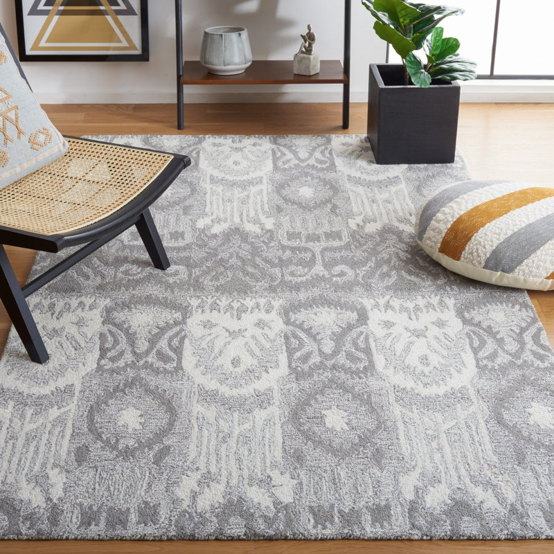 Ikat Hand Tufted Wool/Cotton Ikat Rug in Ivory/Gray, Rectangle 4' x 6'