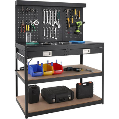 3-Tier Workbench with 2 Drawers & Pegboard, Heavy Duty Metal Work Table with Power Outlets