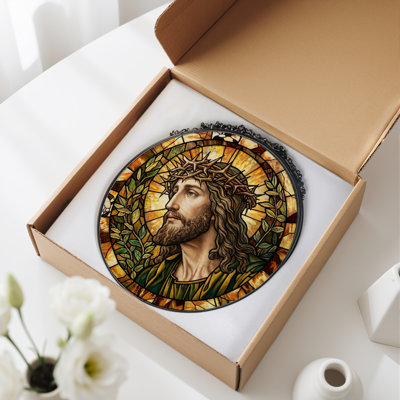 Christ Crown Stained Glass Window Panel，7.8H