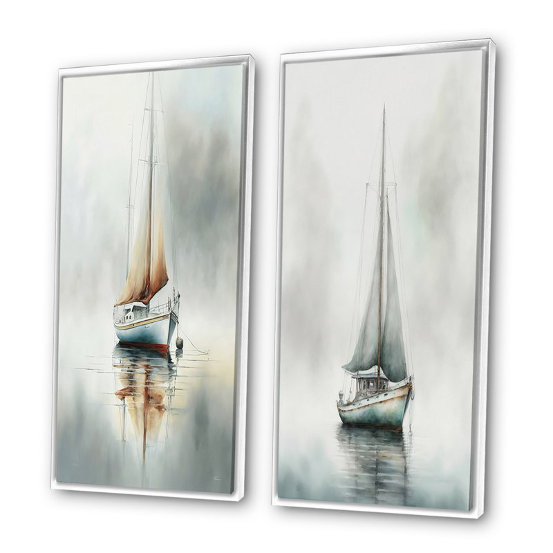 Bateau sur le lac II - ensemble d'art mural bateau côtier de 2 pièces, Cadre blanc, H 32 po x l 32 po
