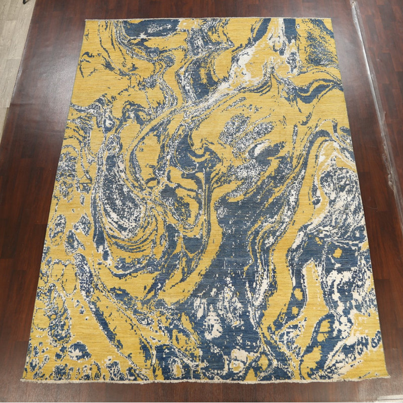 Tapis unique en or noué à la main 9 pi x 12 pi 3 po New Age