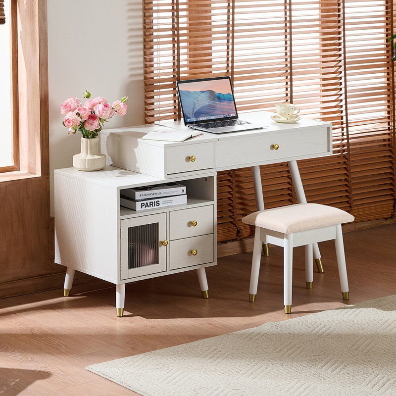 Bureau de coiffeuse avec miroir basculant éclairé et armoire réglable, Blanc