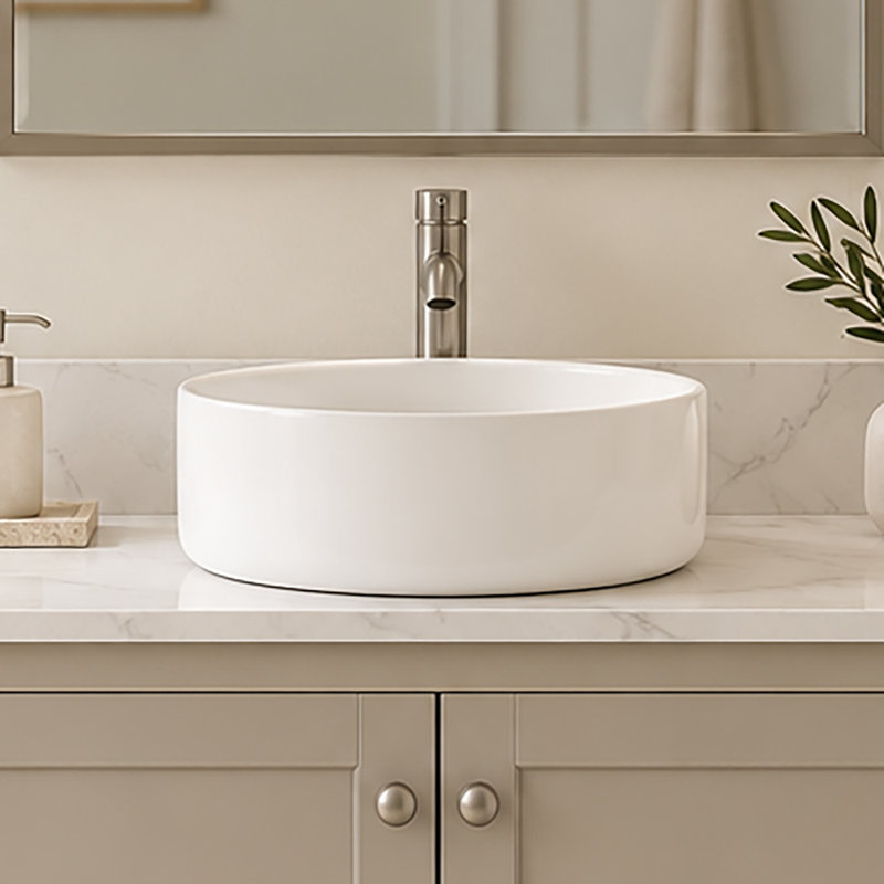 12.4" Round White Ceramic Vessel Bathroom Sink, Modern Above-Counter Vanity Basin with 1.75" Drain Opening