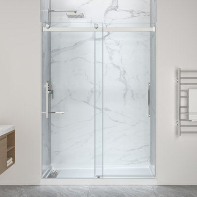 Stellar Series 76 In. X  57-60 In. Sliding Frameless Shower Door In Polished Chrome With Alcove Left Drain Shower Base