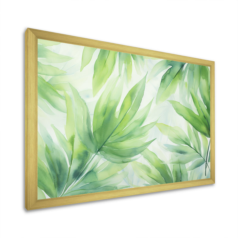 Vert tropicale vert en couleur pastel - Collages abstraits, art mural, Cadre doré à coins fermés, H 12 po x l 20 po x P 1 po