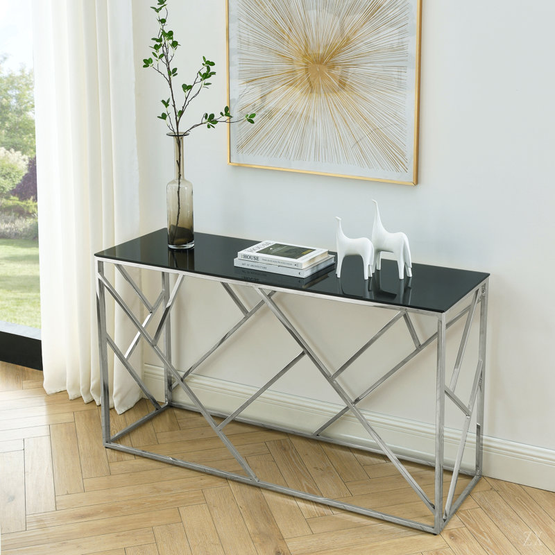 Console moderne en verre, canapé de 55 po avec structure en métal robuste et plateau en verre trempé, pour salon, chambre à coucher, entrée