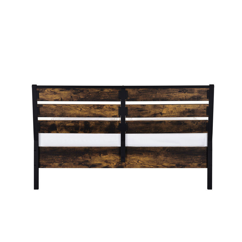 Très grand lit rustique en chêne rustique et noir - panneau de style industriel moderne avec placage en métal et en bois composite sans sommier tapissier