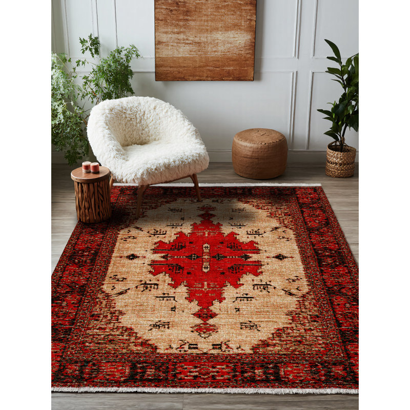 Tapis en coton à imprimé machine beige marocain Strawbridge, Rond 3 pi 4 po