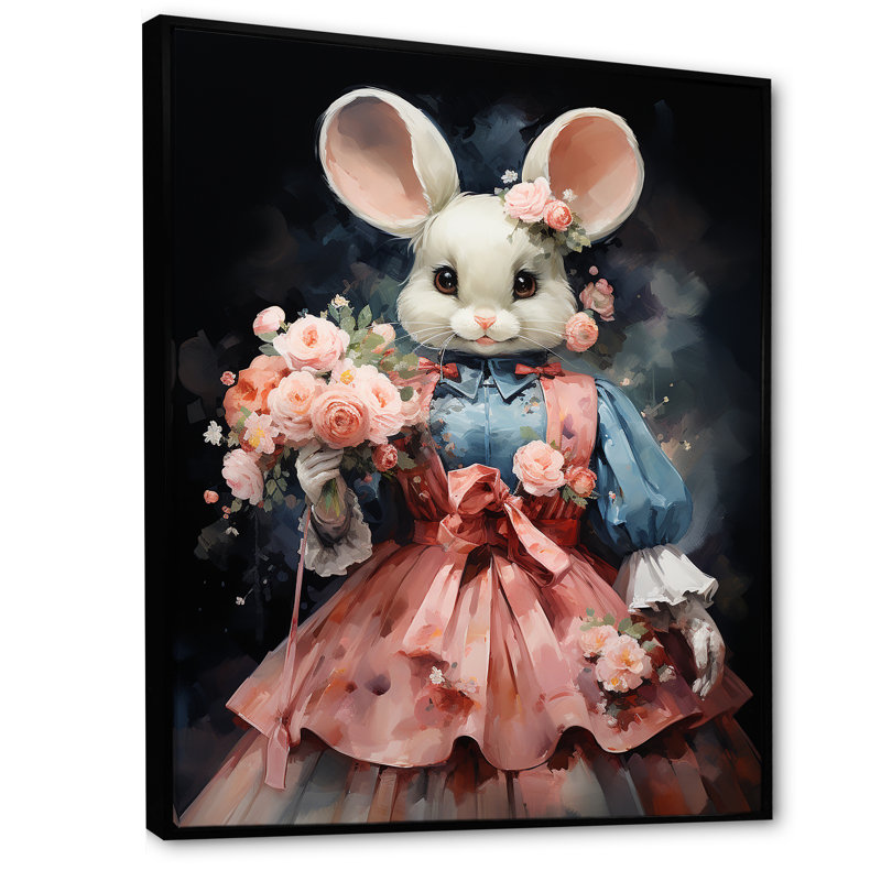 Souris élégante rococo en robe rose I - art mural rongeurs, Cadre flottant noir, 40" H x 30" W