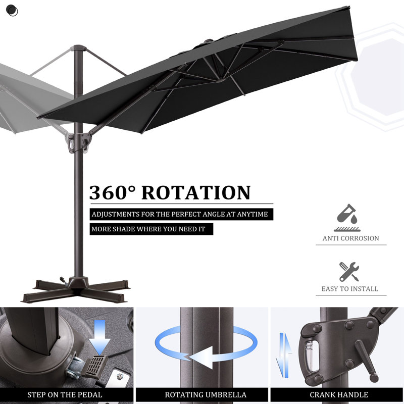 Parasol de patio rectangulaire en porte-à-faux 128 po x 104 po avec base de contrepoids, Noir