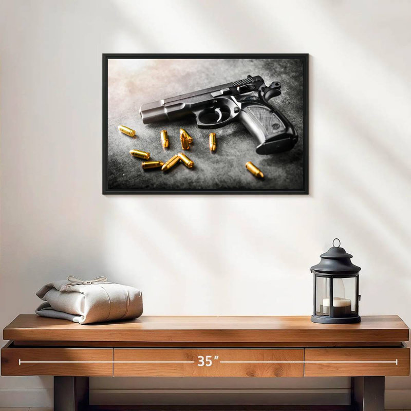 Handgun And Bullets, 19" X 13", Floating Frame Black