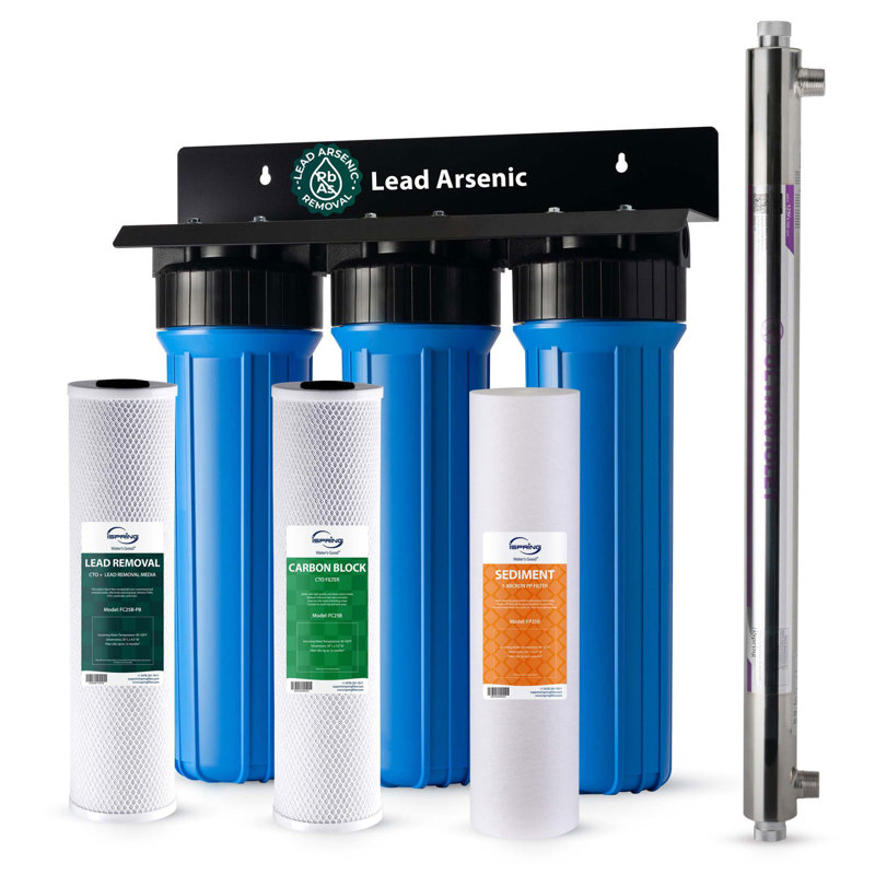 iSpring 3-Stage Whole House Water Filtration System, Removes Sediment, Chlorine, Chloramines, Odor and up to 99% Lead, w/ Smart Flow Sensor UV Filter for Bacteria&Viruses Removal(Model: WGB32B-CPB