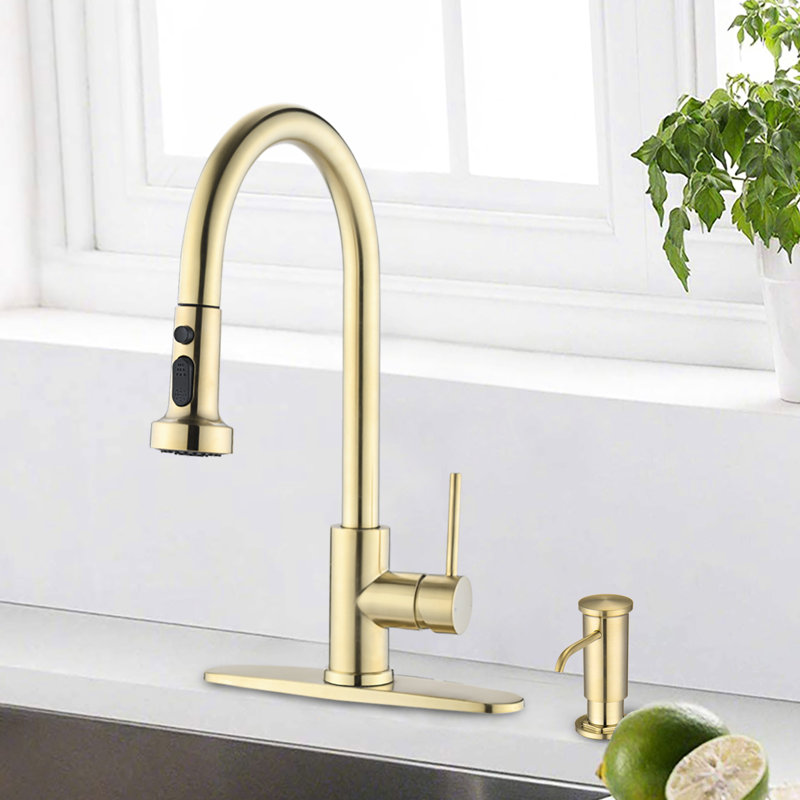 Brushed Gold Stainless Steel Pull Down Kitchen Faucet With Soap Dispenser - And Easy To Clean Scratches, Rust, Stains 360 Swivel Spout Efficient Spray Function 1.8Gpm Flow In 360-Degree Rotatable
