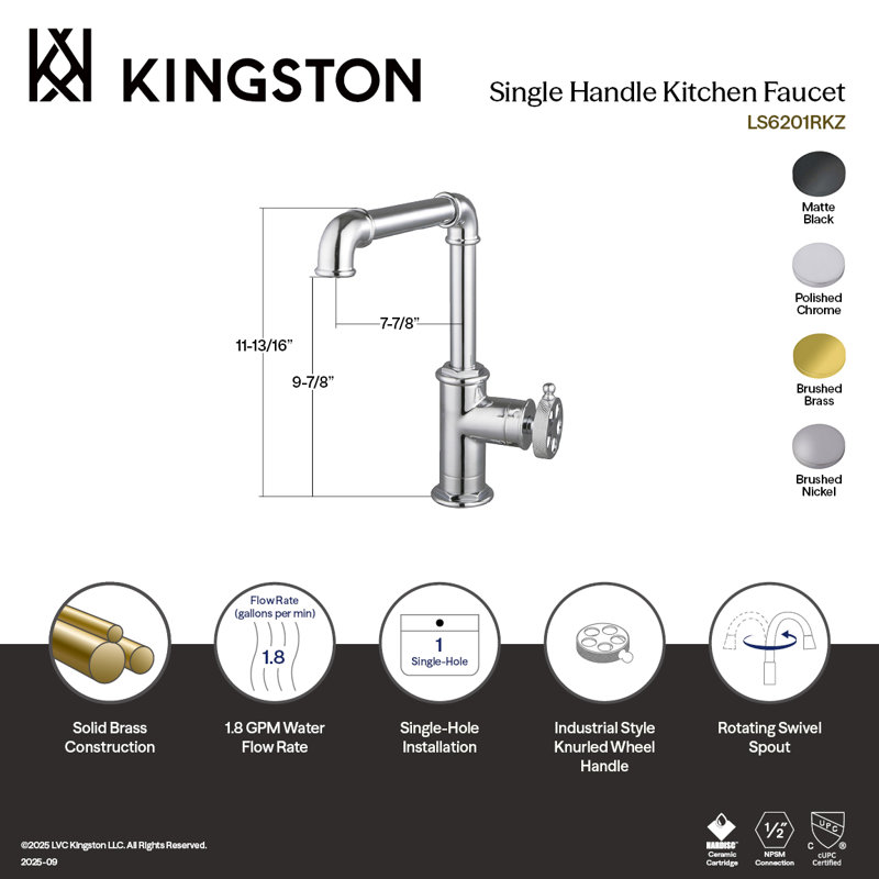 Kingston Brass Wendell Single-Handle 1-Hole Kitchen Faucet With Knurled Handle, Matte Black