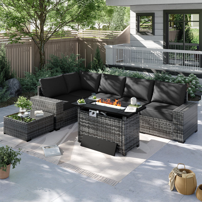 7-pieces Patio Furniture Set With 44" Propane Gas Fire Pit Table, Black Cushion/Gray Frame