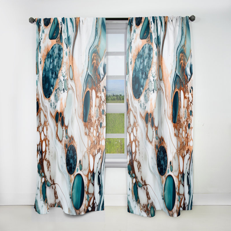 Eliam - Blue Gold Half Circle Marble Abstract III - Modern Velvet Curtain - Room Darkening - 1 panel, 52" W x 84" L