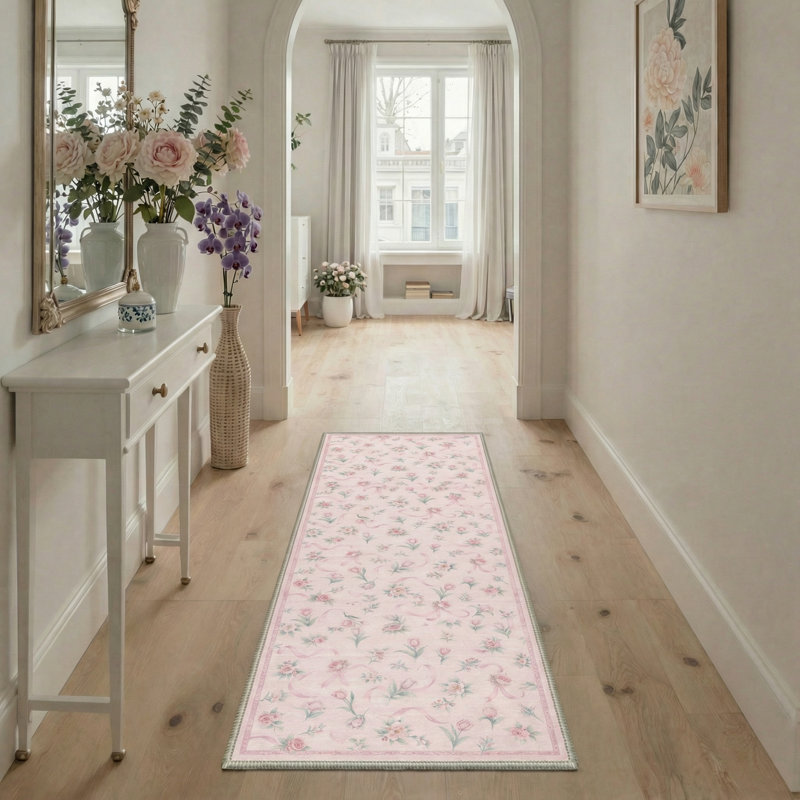Atascadero Floral Machine Washable Pink / Green Indoor Area Rug with Non-Slip Backing, Runner 2' x 6'