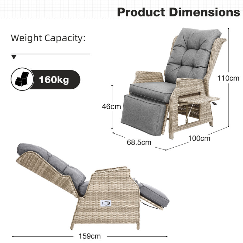 Outdoor Lounge Chair with Ottoman, Beige Rattan x Dark Grey