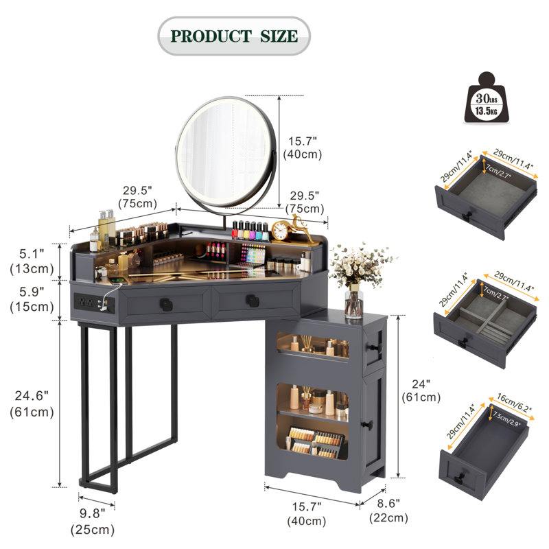 Machalik Corner Makeup Vanity With Mirror, Gray
