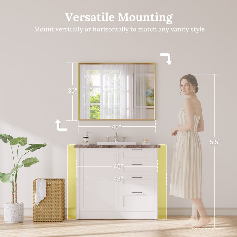 Bathroom Vanity Mirror with Tempered Glass and Aluminum Frame, Brushed Gold, 30" x 40"